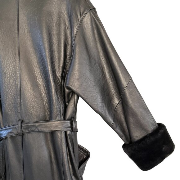 Vintage Laura Winston Size 16 Black Leather Trench Coat Faux Fur Trim EUC 90's - Picture 12 of 16